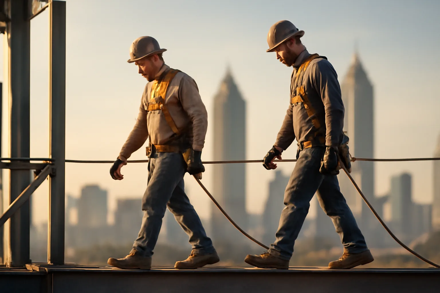 Ironworkers connecting steel on an Atlanta high-rise at sunrise