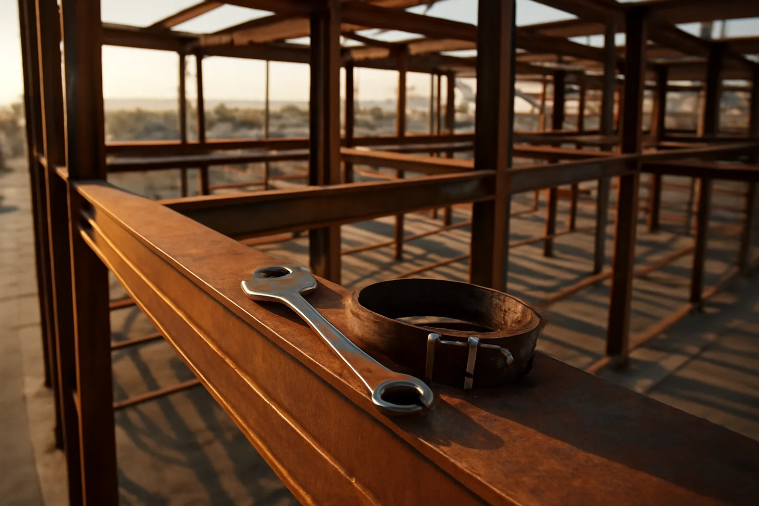 Phoenix steel frame at dawn with ironworker tools on a beam
