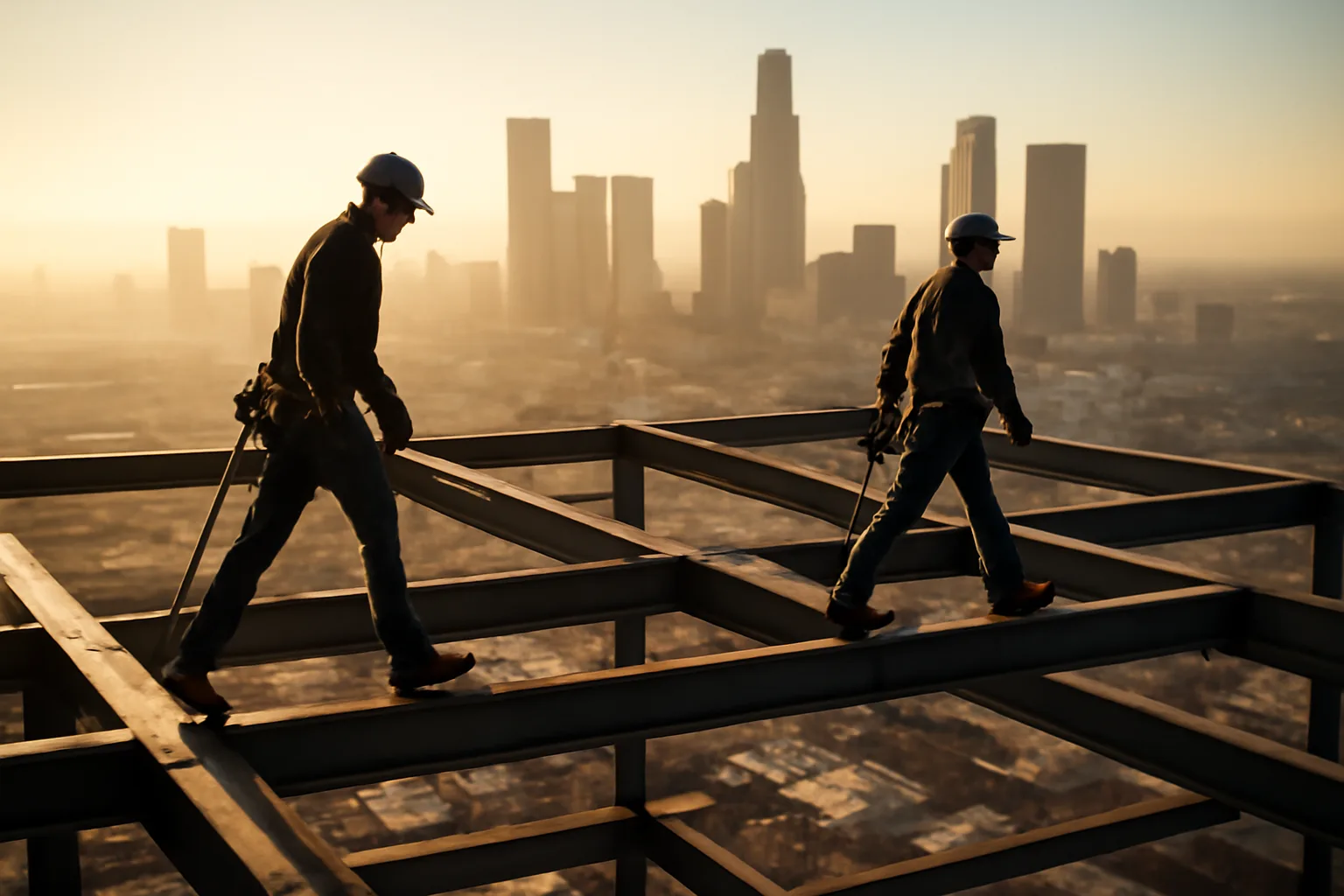 Ironworkers walking a steel beam on a Los Angeles high-rise at dawn