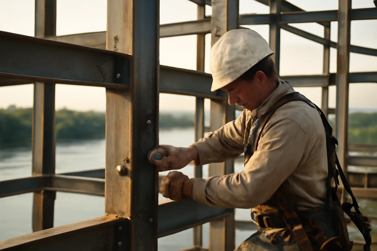 Ironworker bolting a steel beam at sunrise in Delaware