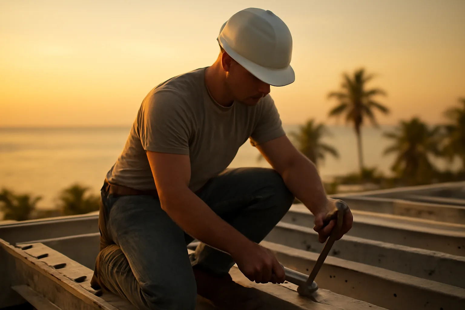 Ironworker connecting a steel beam at sunrise in Florida