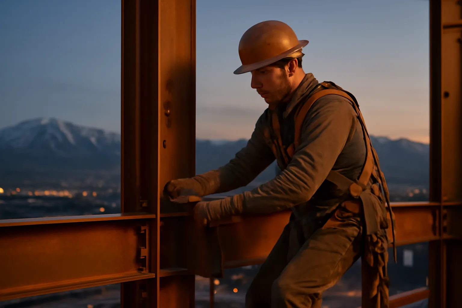 Ironworker connecting steel beams on a Utah high-rise frame at dusk