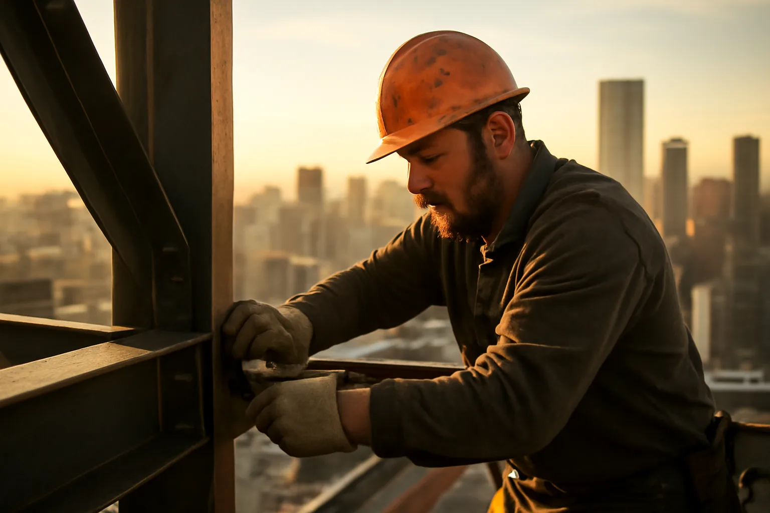 Ironworker connecting steel beams on a high-rise construction site at dawn