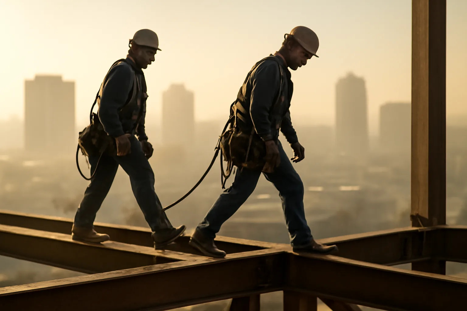 Ironworkers walking a steel beam on a Birmingham job at dawn