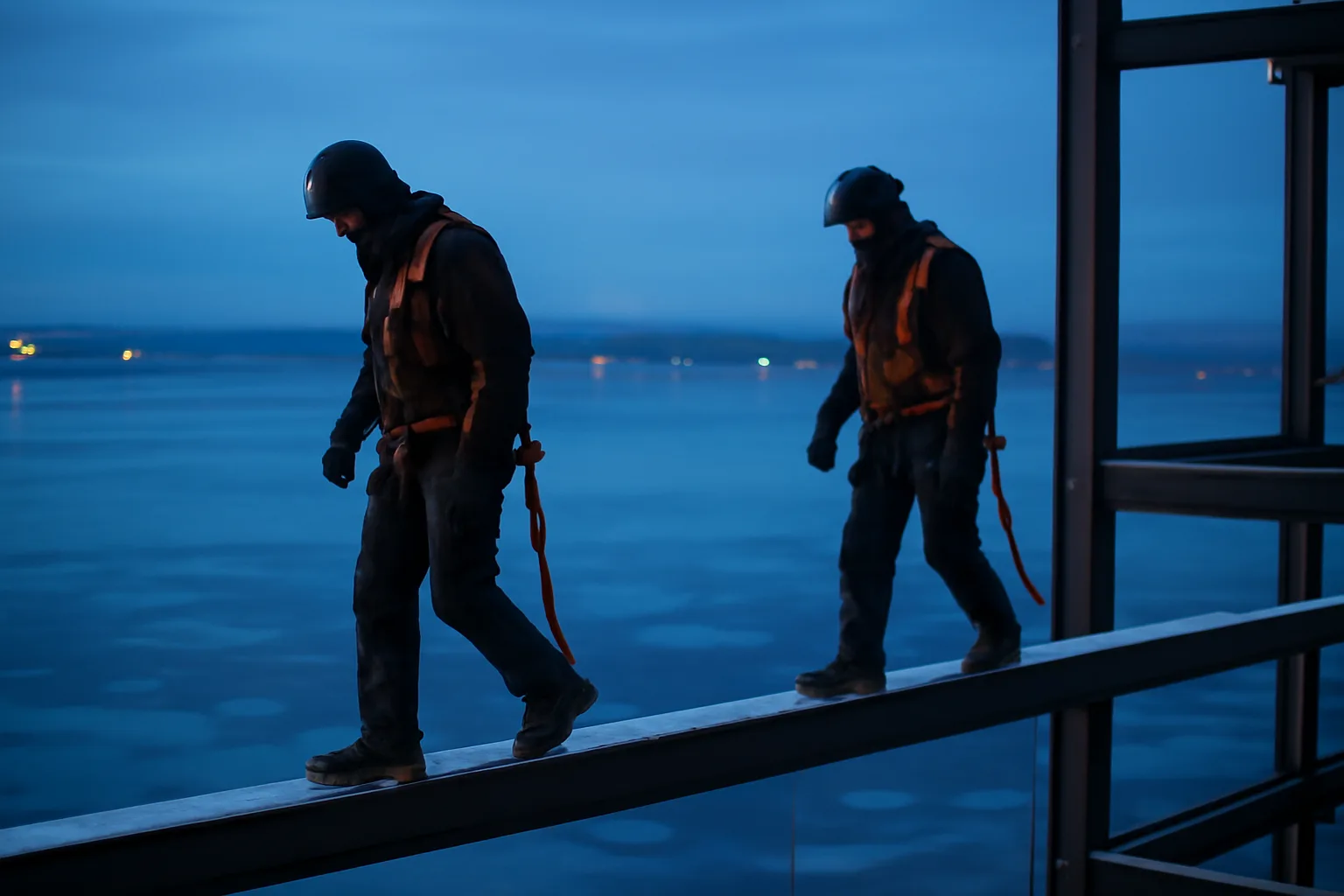 Ironworkers connecting steel on a snowy Alaska jobsite at dusk