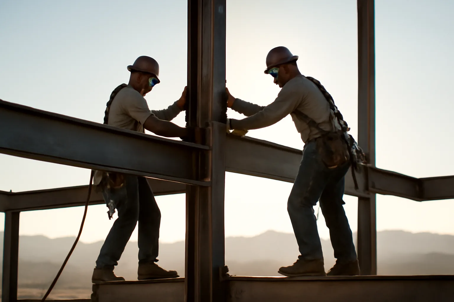 Ironworkers connecting steel on a Phoenix frame at sunrise