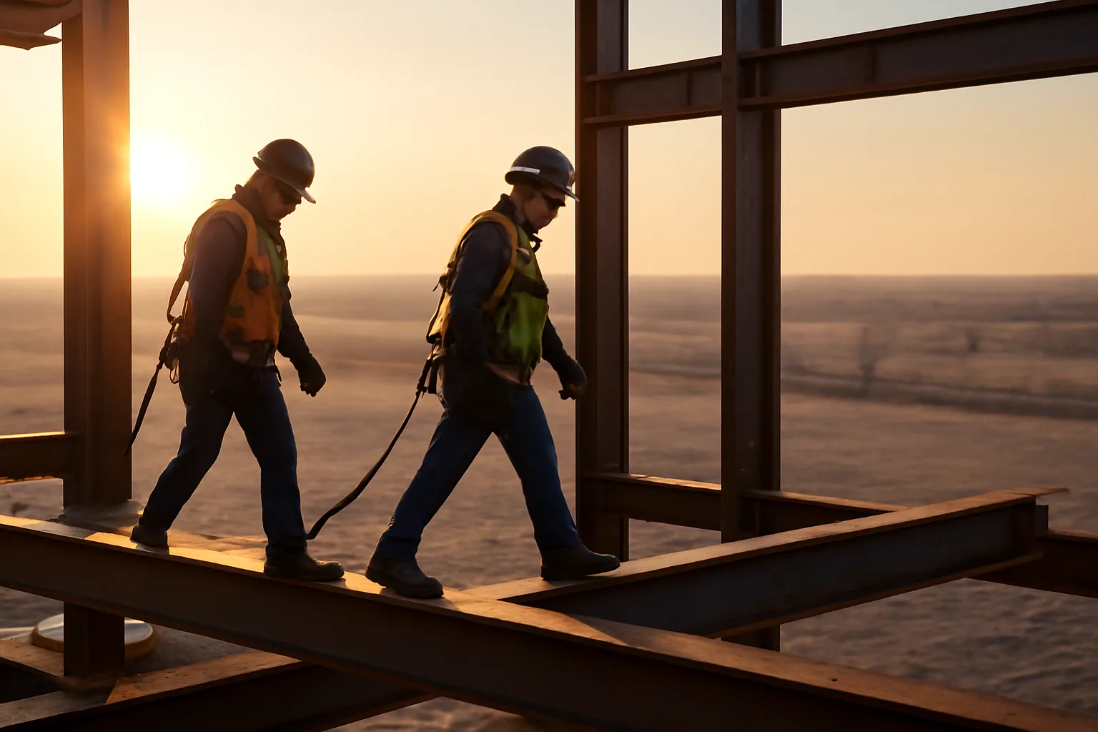 Ironworkers walking a steel beam at sunrise in Arkansas