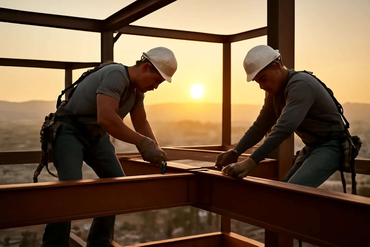 Ironworkers bolting a steel beam on a California mid-rise frame