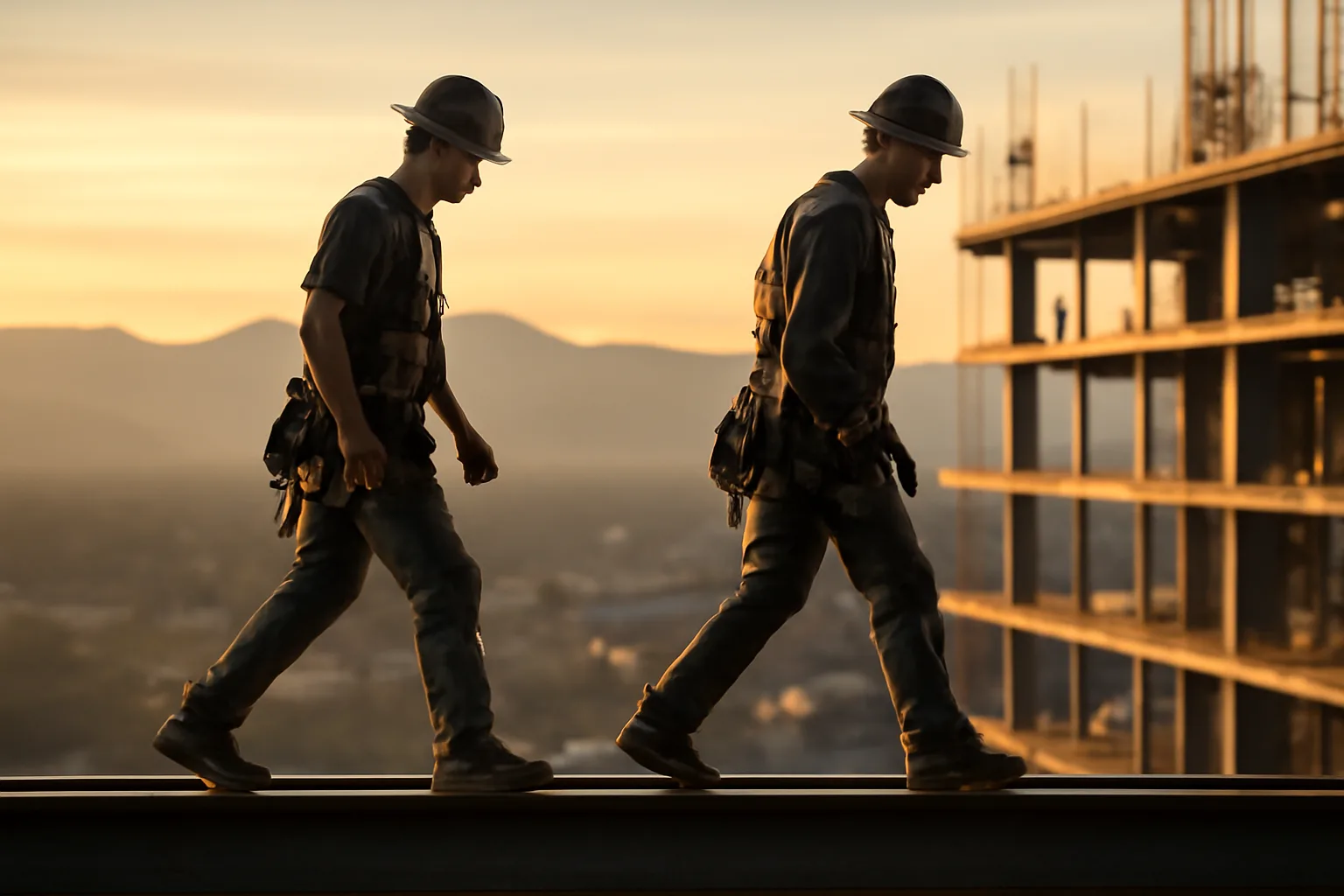Ironworkers connecting steel on a Denver mid-rise at sunrise