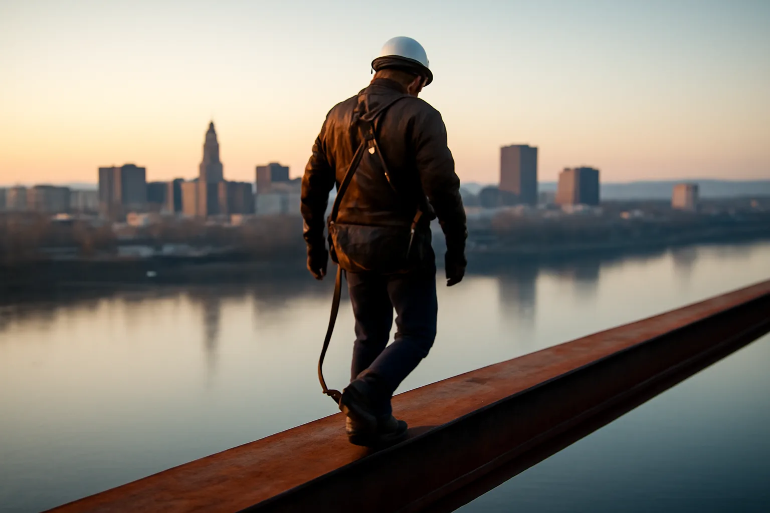 Ironworker walking a steel beam above a Connecticut river at dawn