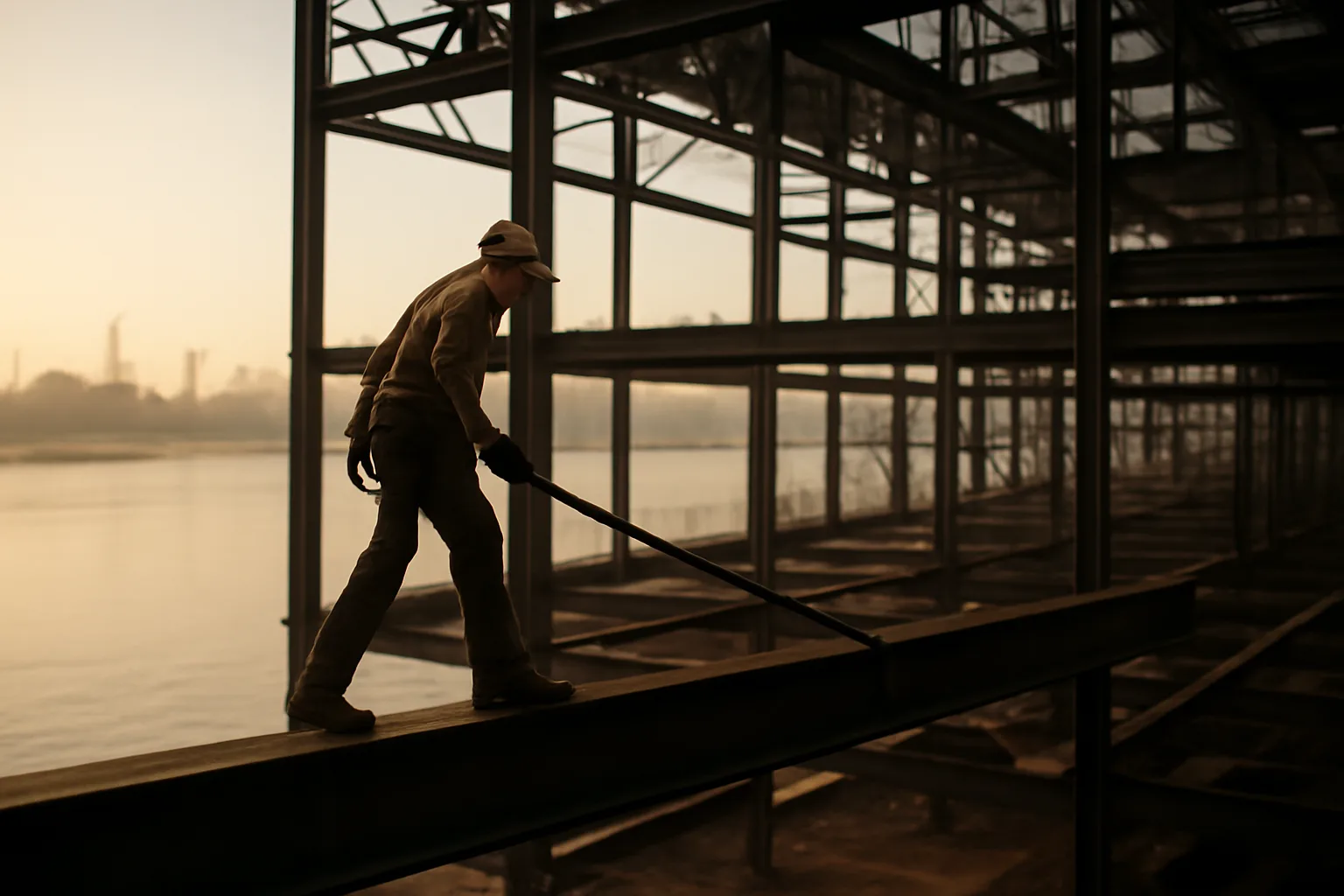 Ironworker walking a steel beam on a Delaware river jobsite