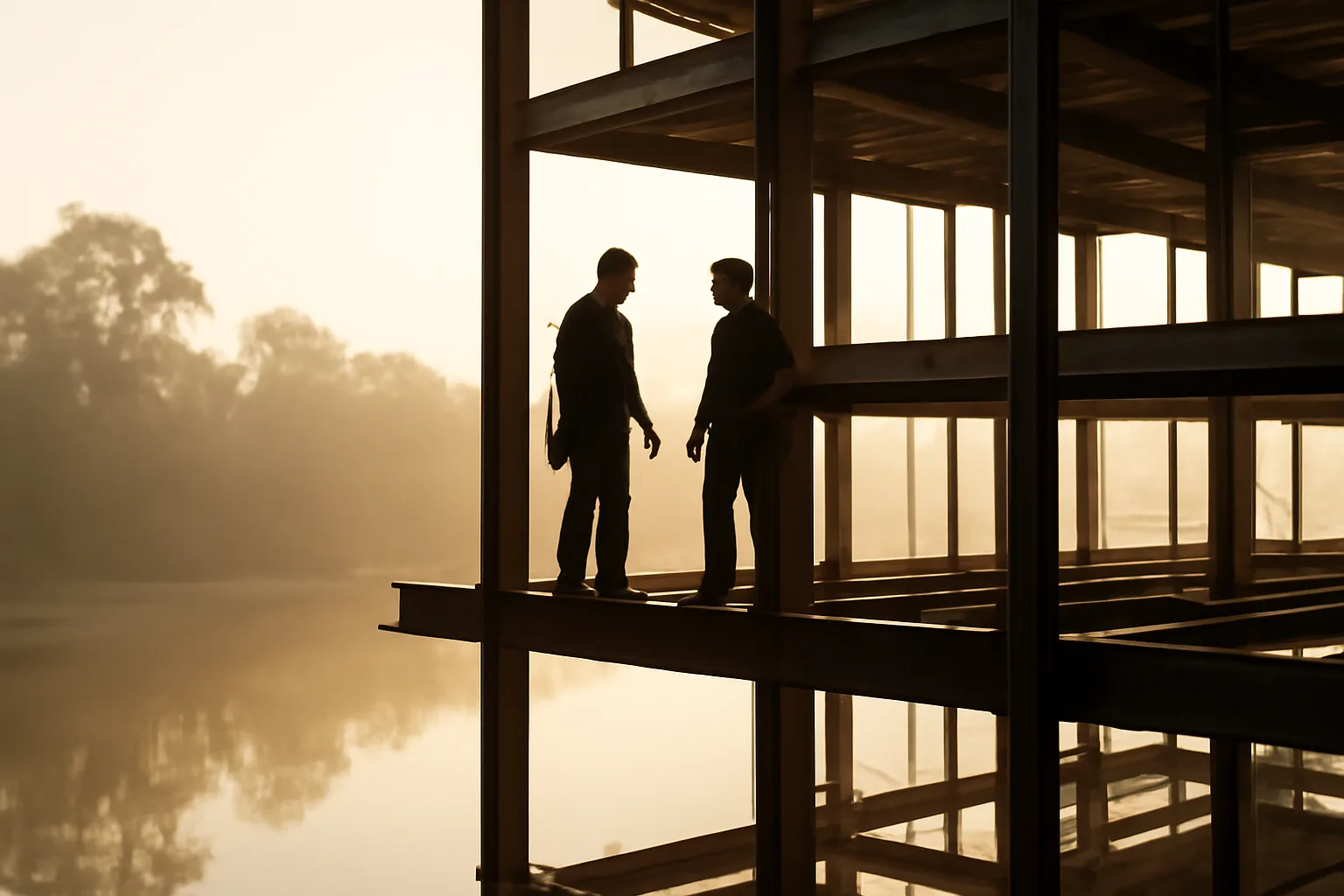 Ironworkers on a steel frame beside a Florida canal at sunrise