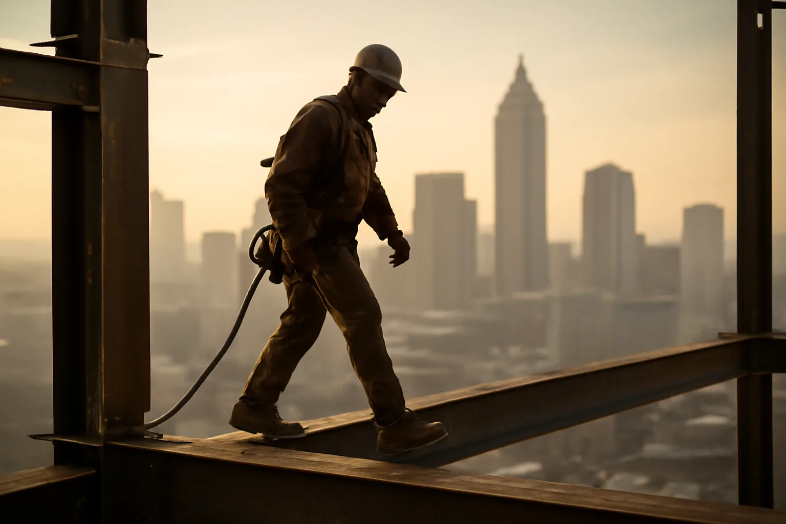 Ironworker walking a steel beam on an Atlanta high-rise at dawn
