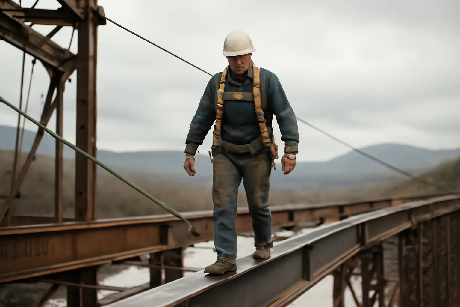 Ironworker walking a steel beam on a Vermont bridge project at dawn