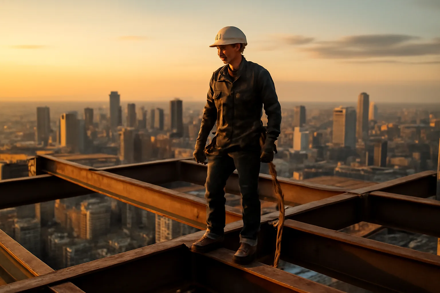 Ironworker in safety gear standing on steel beam at a Virginia construction site