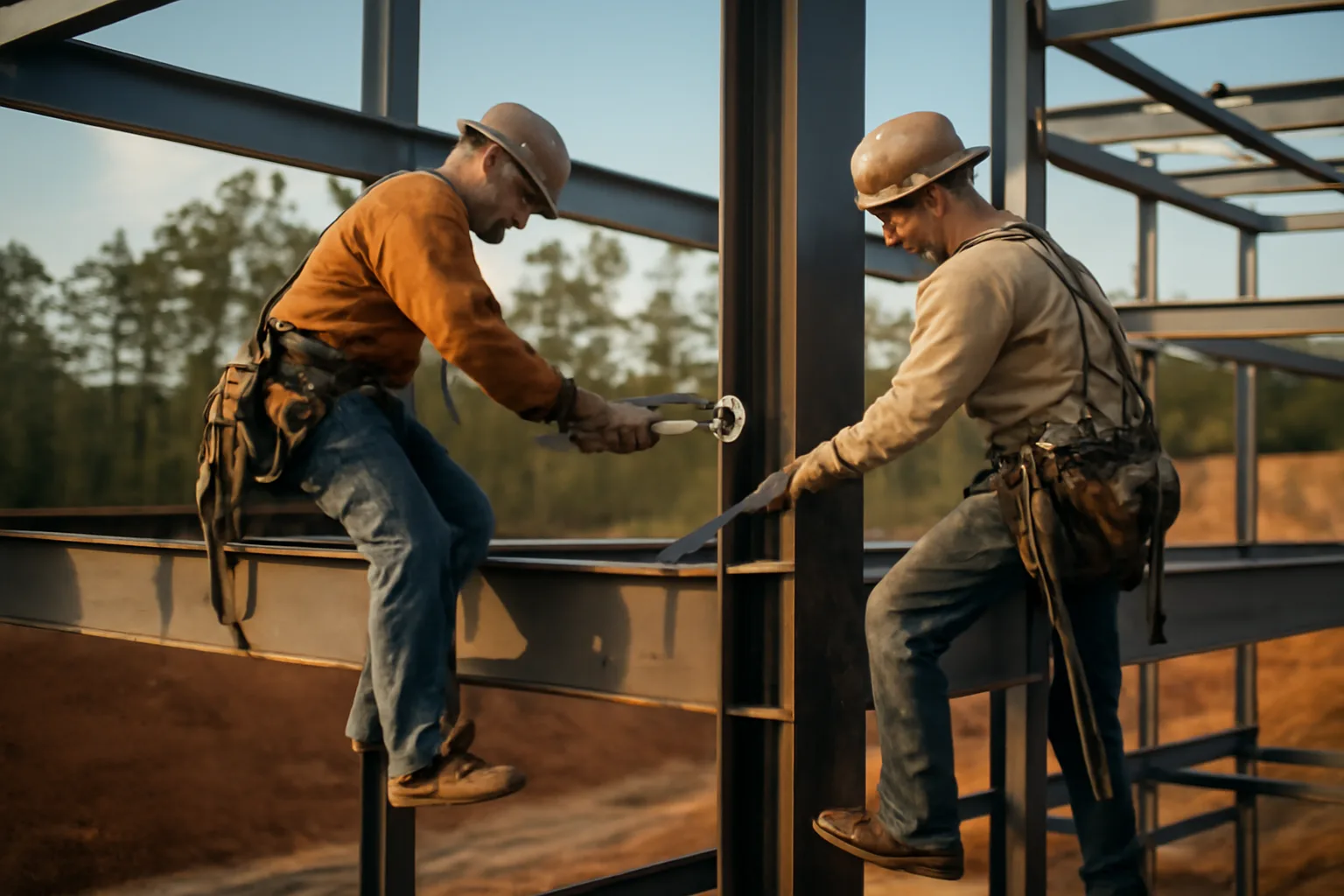 Two ironworkers connecting a steel beam on an Alabama jobsite