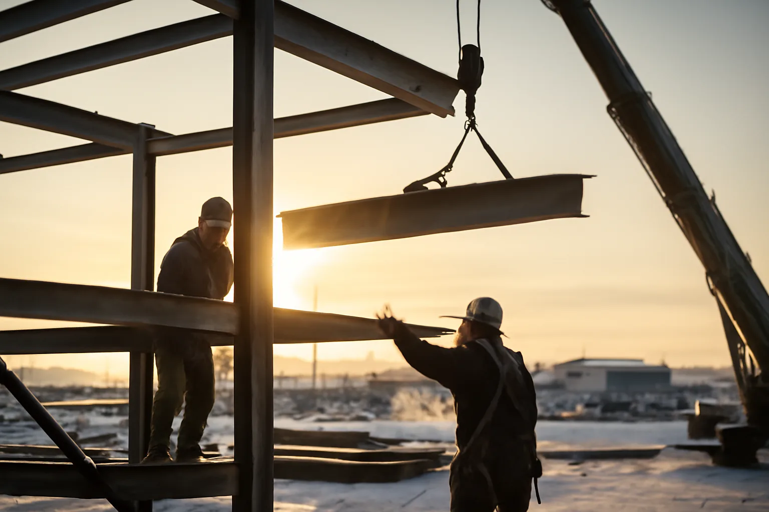 Ironworkers setting a steel beam on a snowy Alaska jobsite