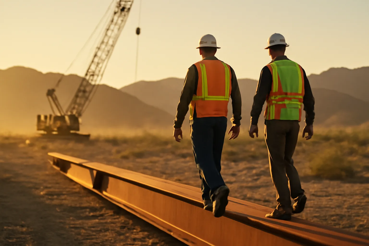 Ironworkers connecting steel on a desert Arizona jobsite