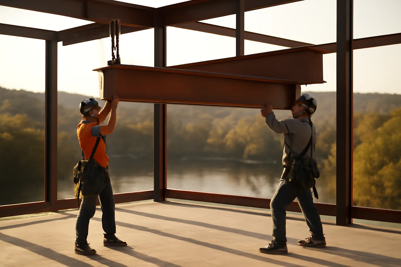Ironworkers connecting a steel beam on an Arkansas jobsite