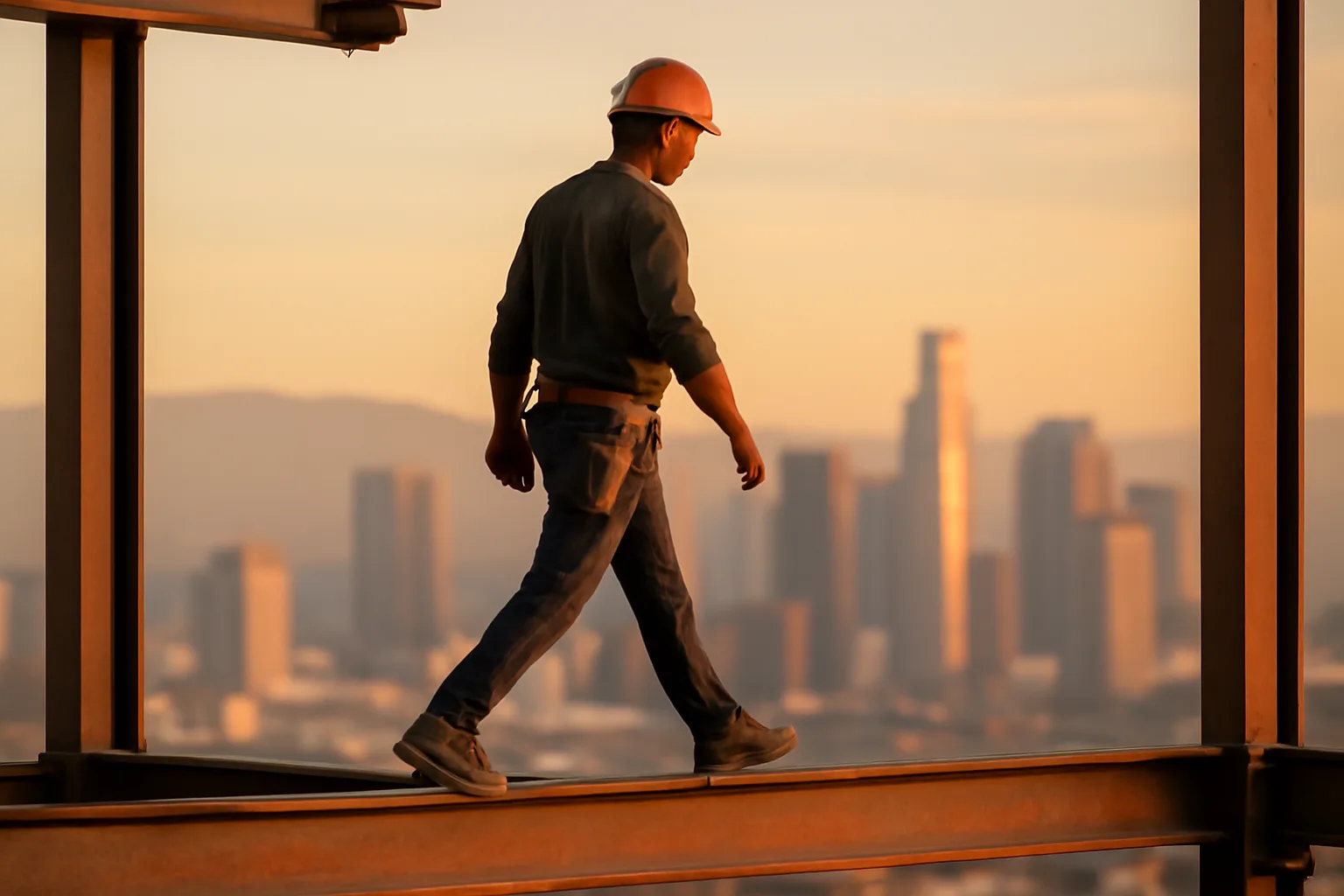 Ironworker walking structural steel on a California high-rise
