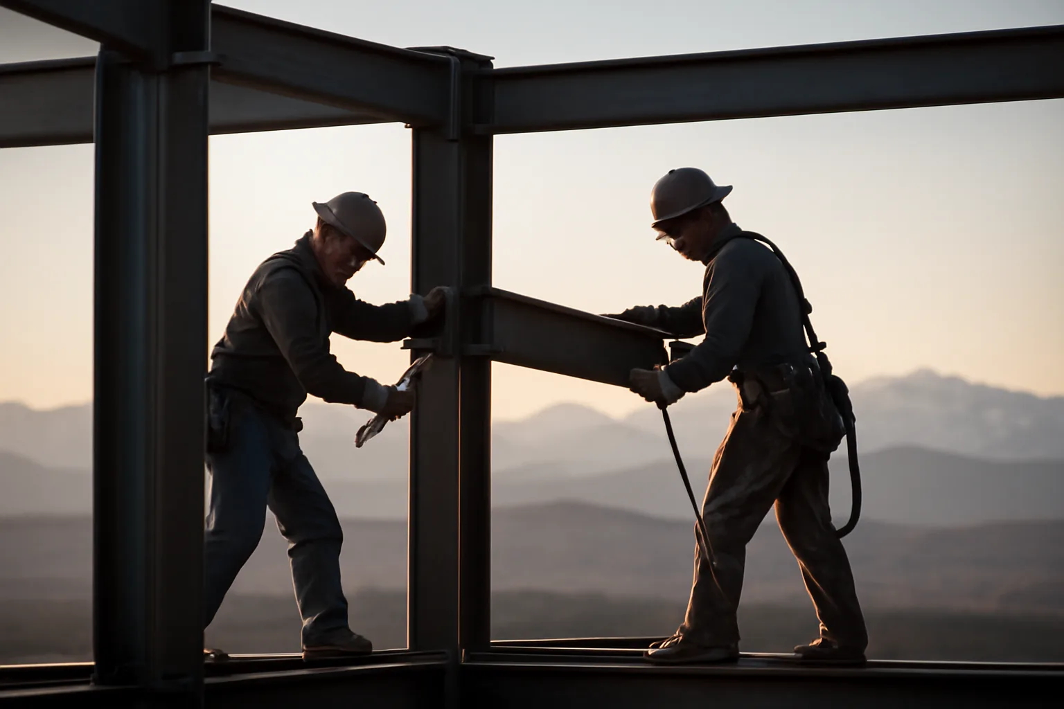 Ironworkers connecting steel on a Colorado job at dawn