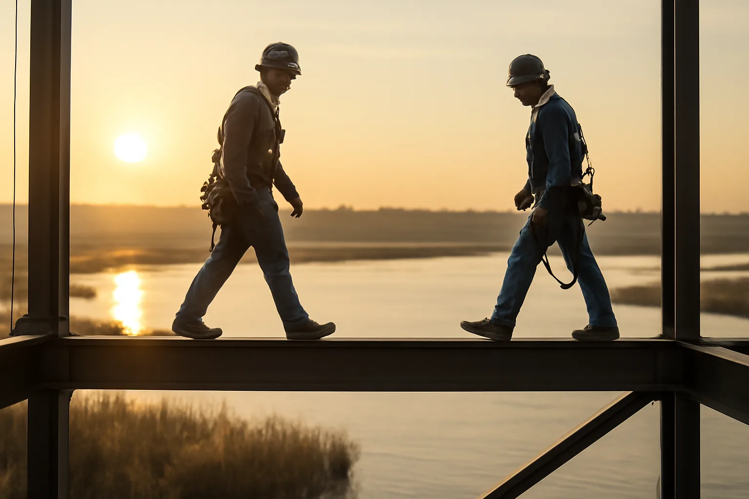 Ironworkers walking a steel beam on a Delaware jobsite at sunrise