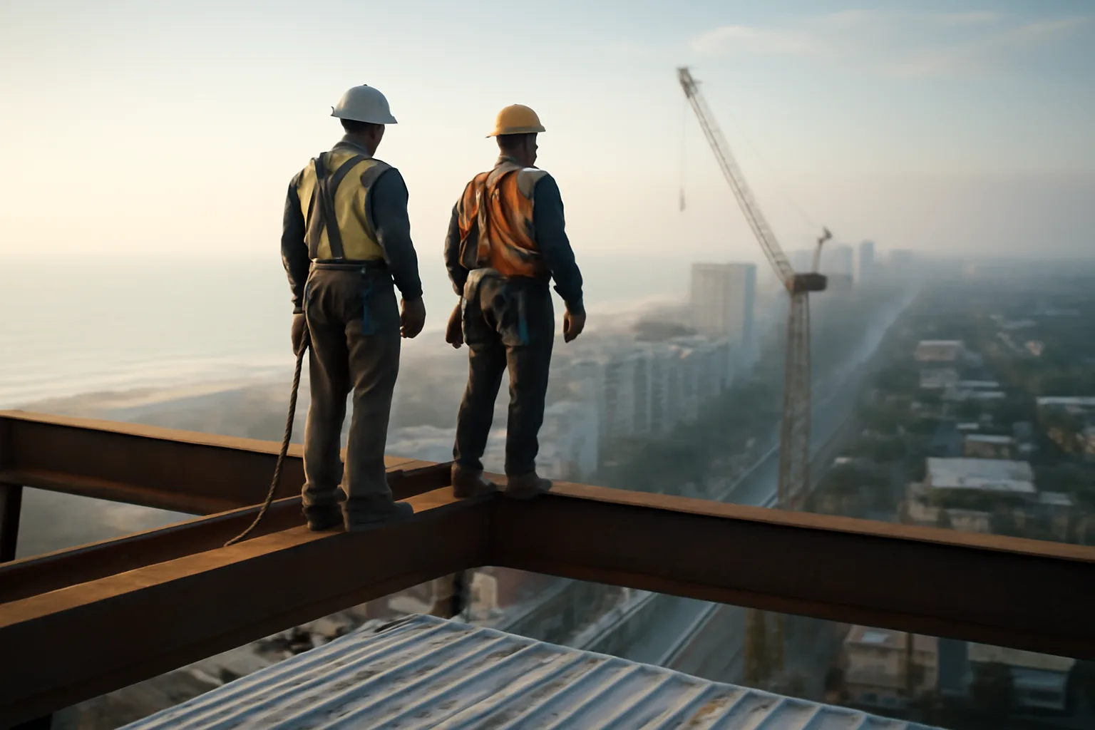 Ironworkers connecting rust-red beams on a Florida high-rise