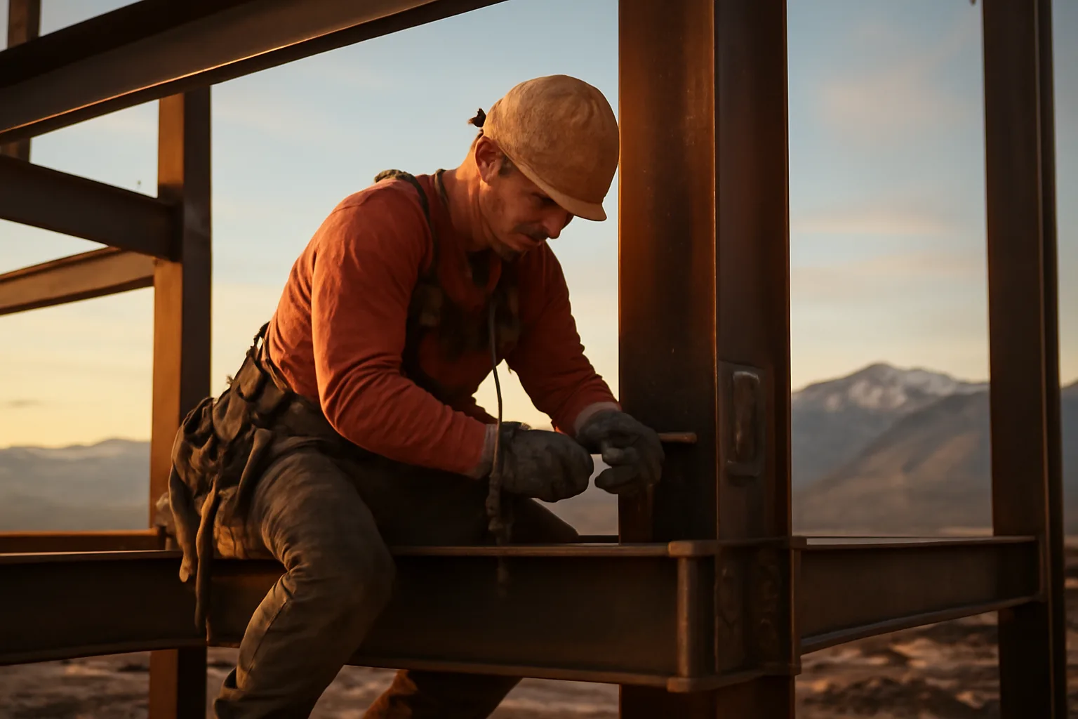 Ironworker connecting steel beams on a construction frame with mountains behind