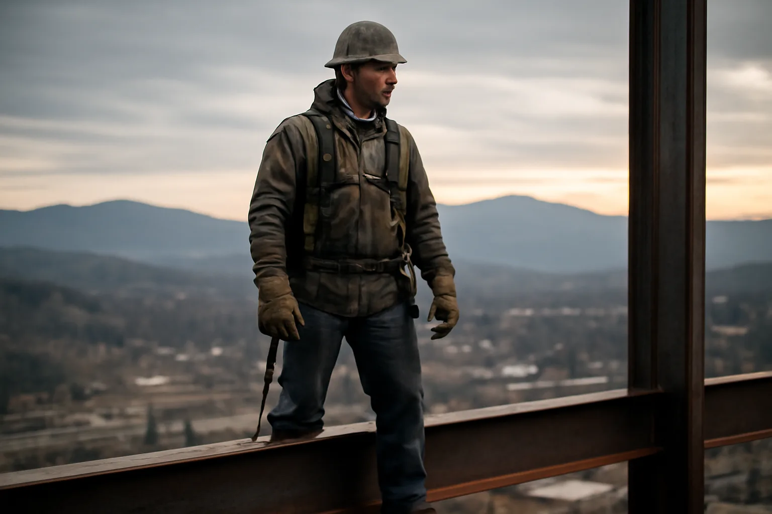 Ironworker in PPE on a steel beam at a Vermont construction site with mountain backdrop