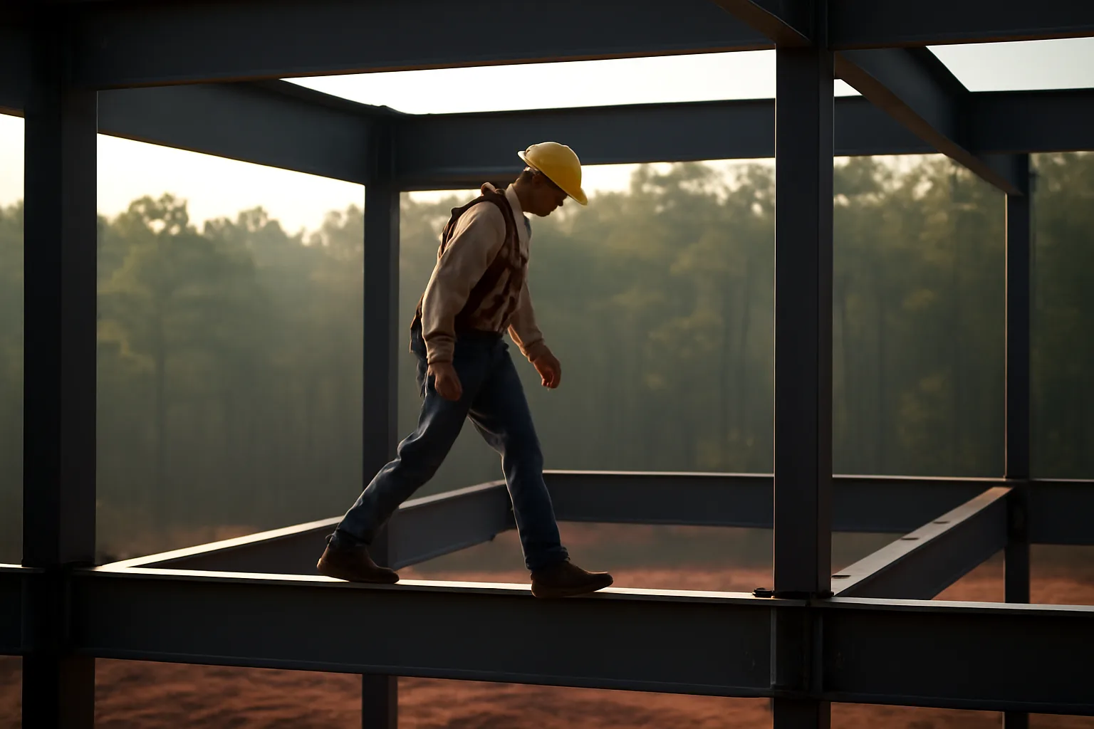 Ironworker walking a steel beam on an Alabama jobsite