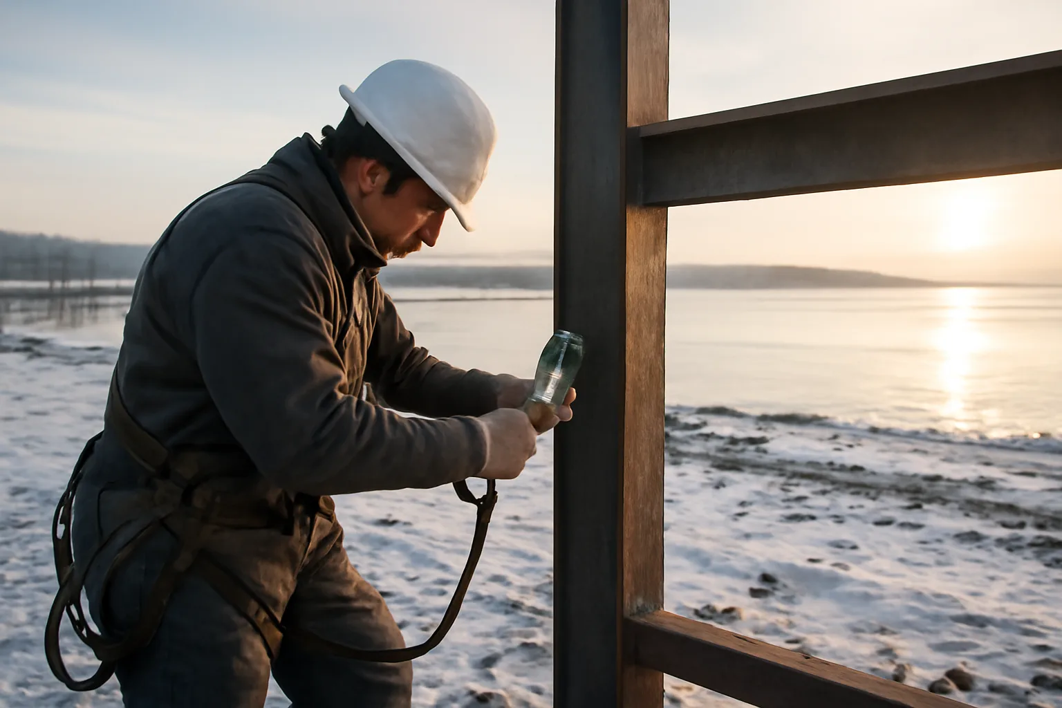 Ironworker clipping a harness on steel beams in winter Alaska light