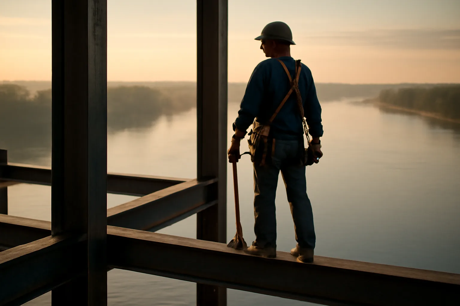 Ironworker standing on steel framing during an Arkansas morning