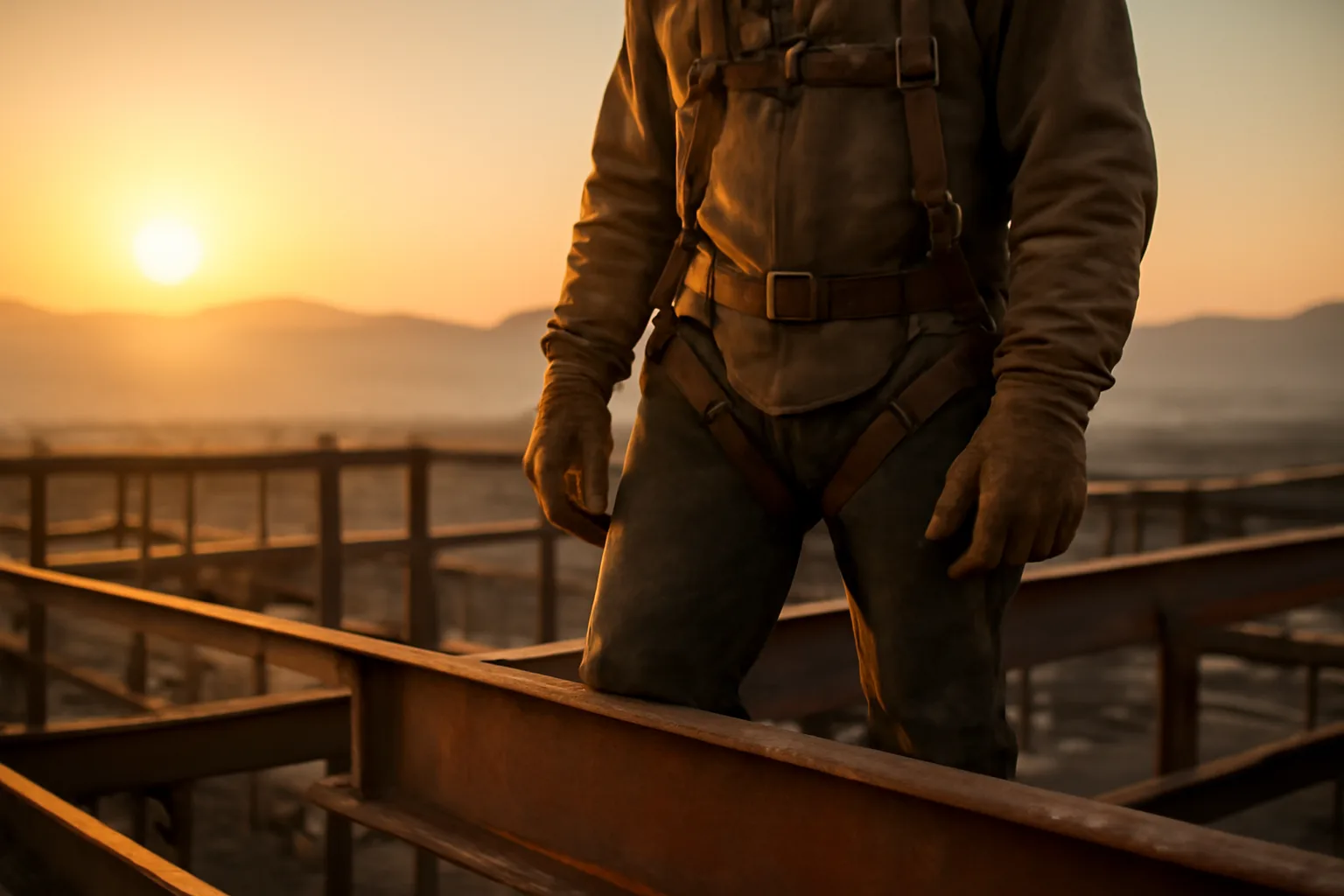 Ironworker walking a steel beam on a Colorado job at sunrise