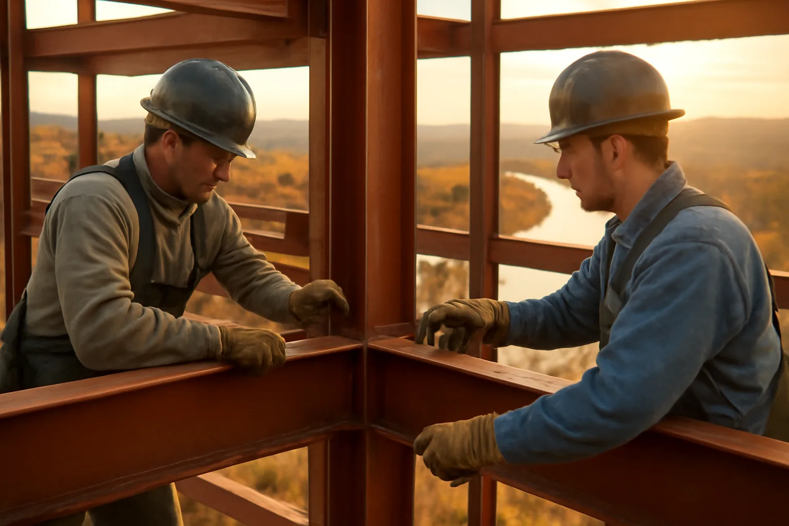 Ironworkers connect a steel beam on a Connecticut job at sunset