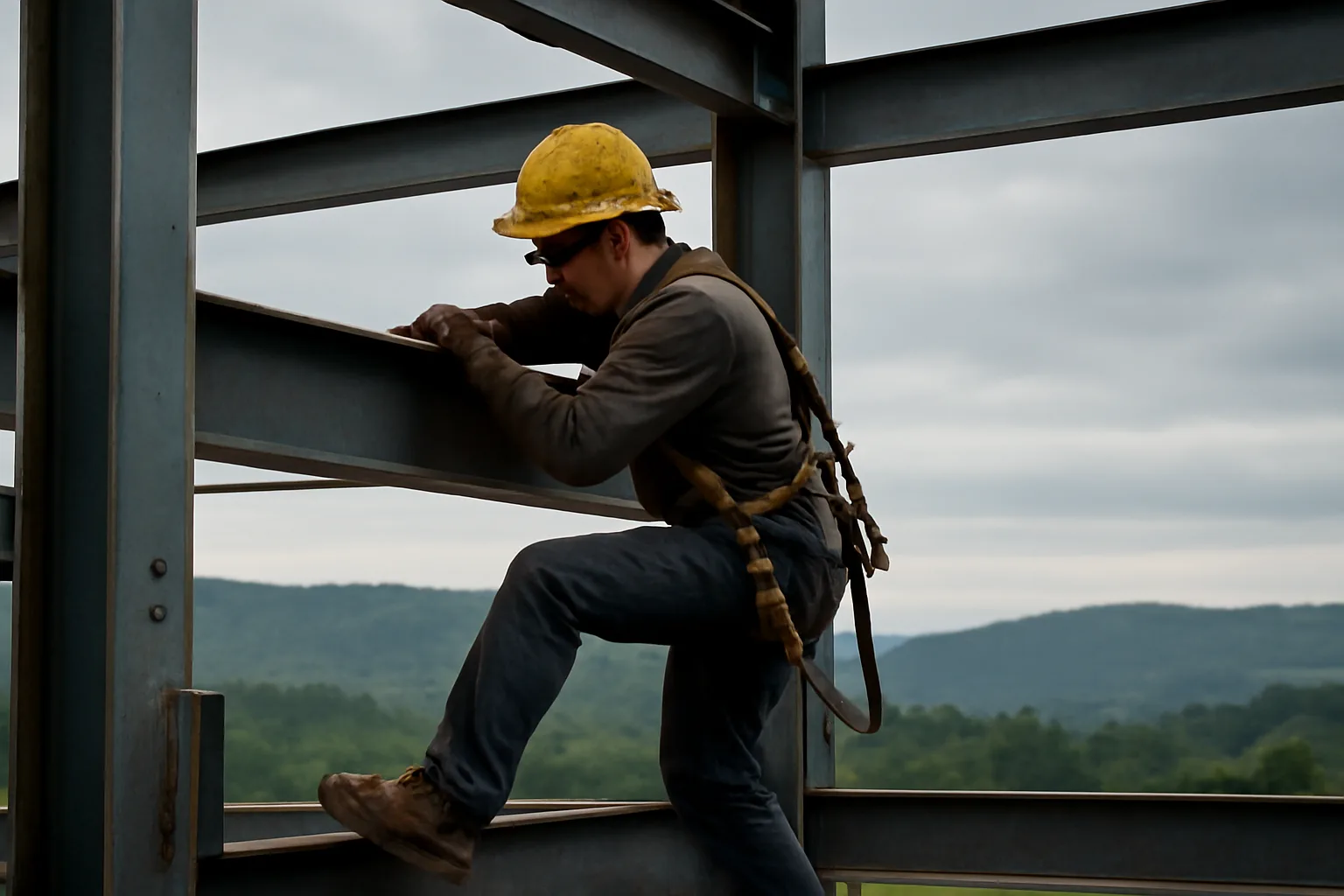 Ironworker climbing structural steel beams on a Vermont construction site at dawn