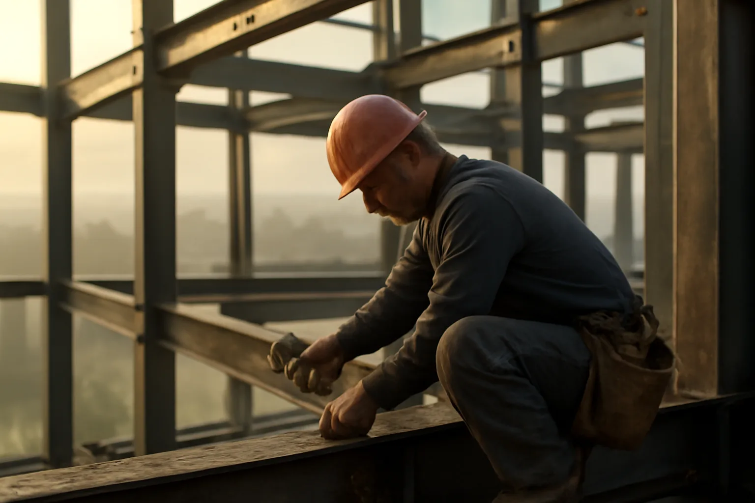 Ironworker crouched on steel beams of a Birmingham building frame