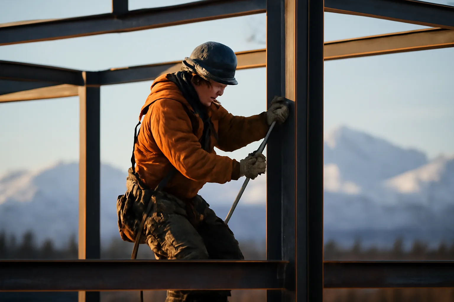 Ironworker on a steel frame near Anchorage in winter light
