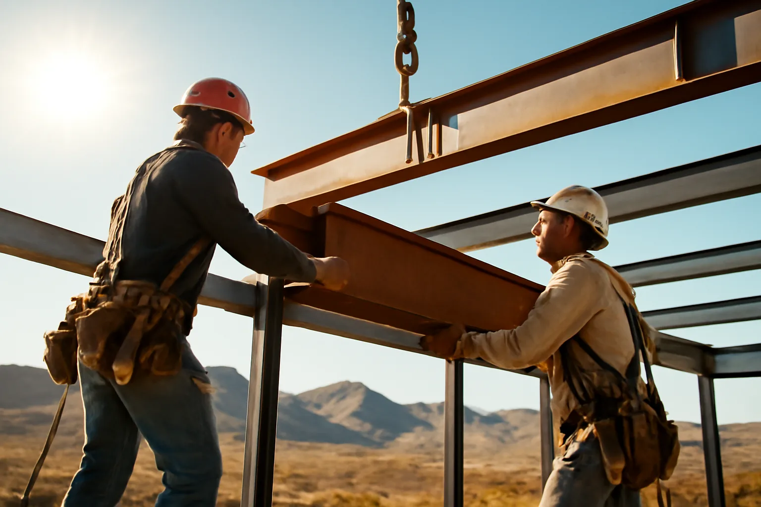 Ironworkers connecting steel on an Arizona jobsite at sunset