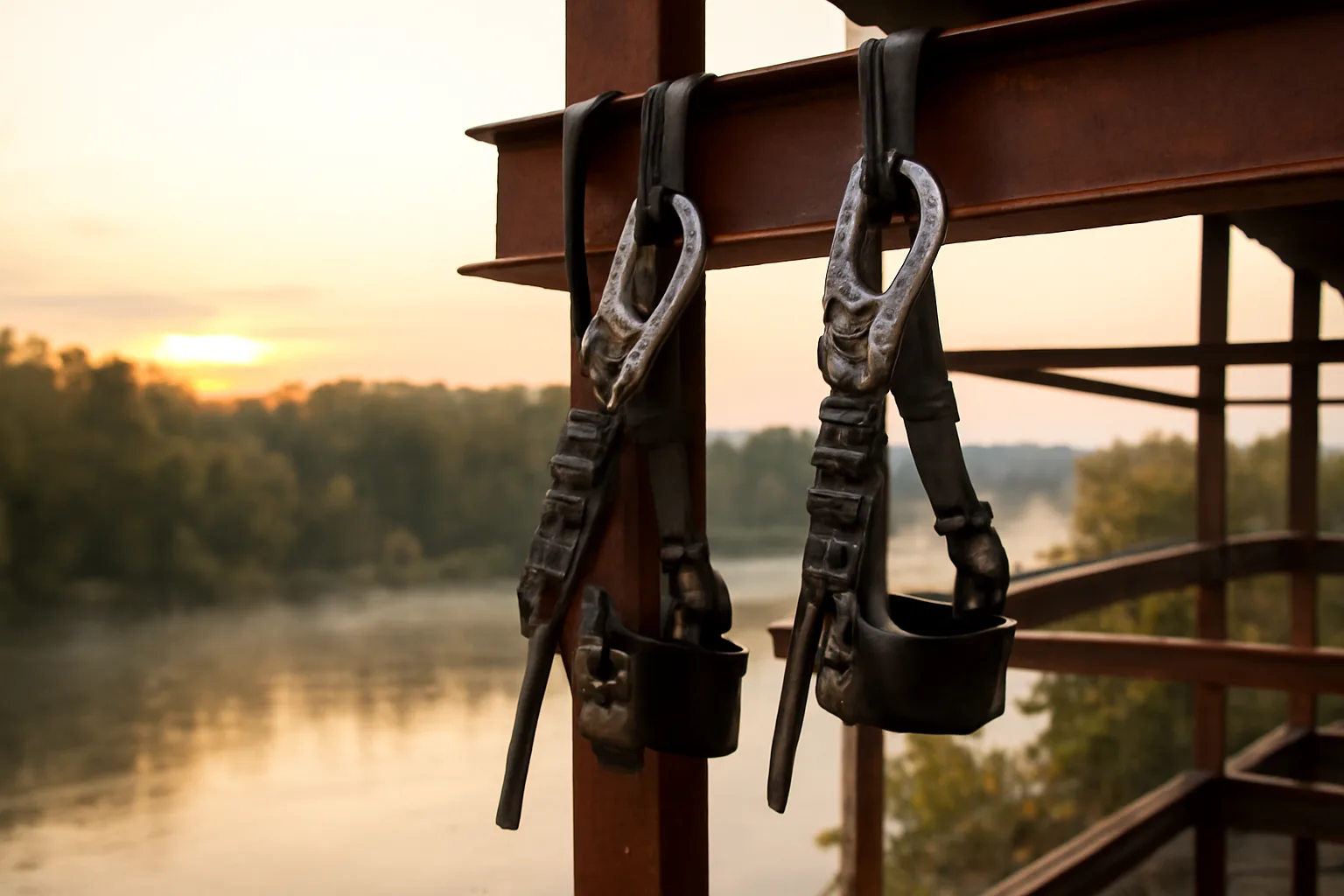 Arkansas ironworkers connecting steel beside the river at sunrise