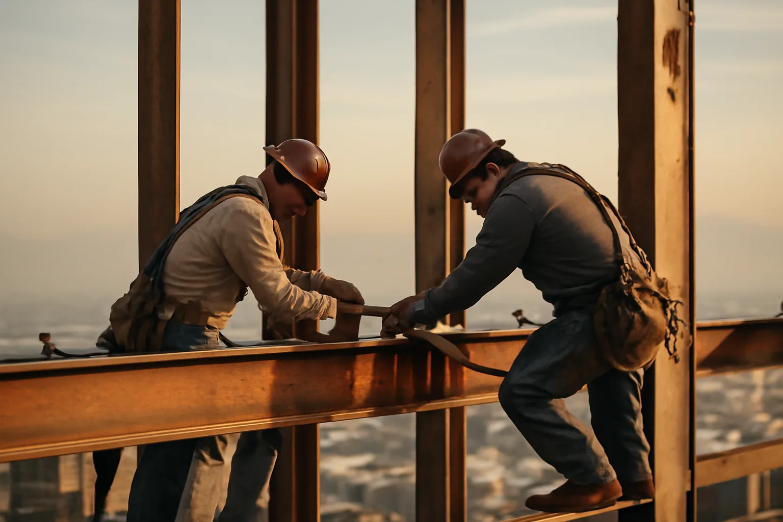 Ironworkers aligning a steel beam on a California high-rise job
