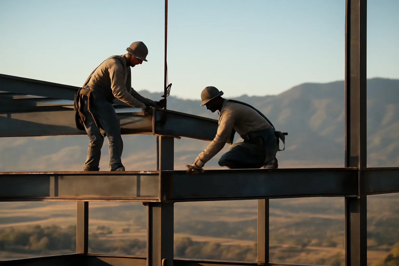 Ironworkers connecting steel beams on a Colorado jobsite at dawn