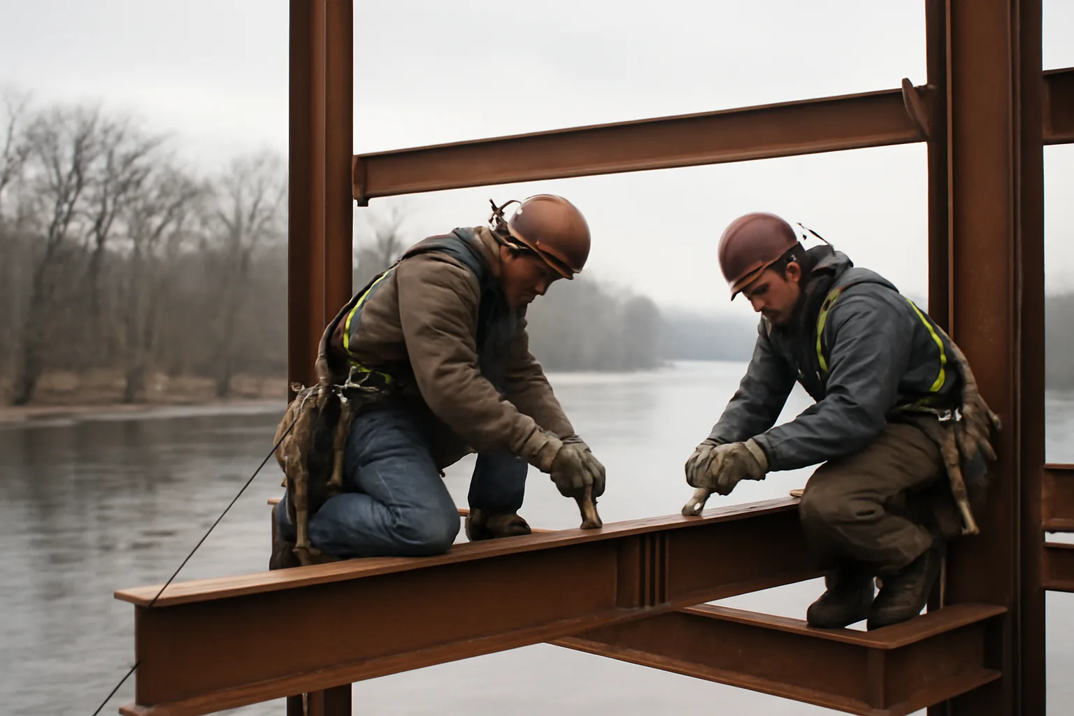 Ironworkers bolting a steel beam on a Connecticut riverside jobsite