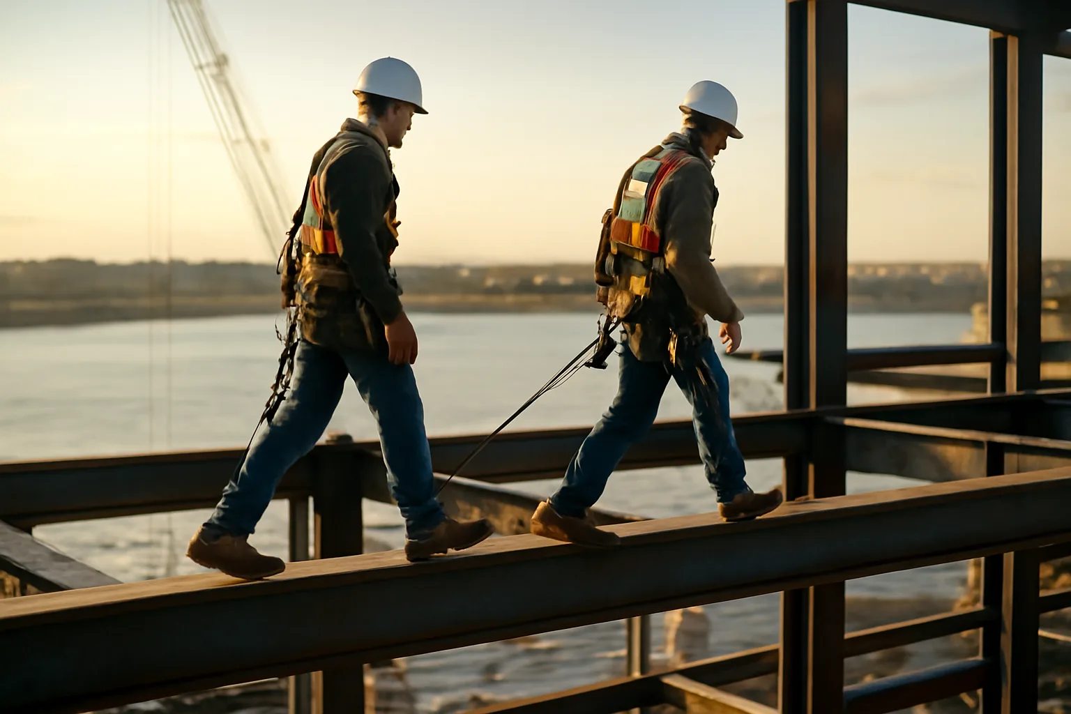 Ironworkers connecting steel on a frame near a Delaware river
