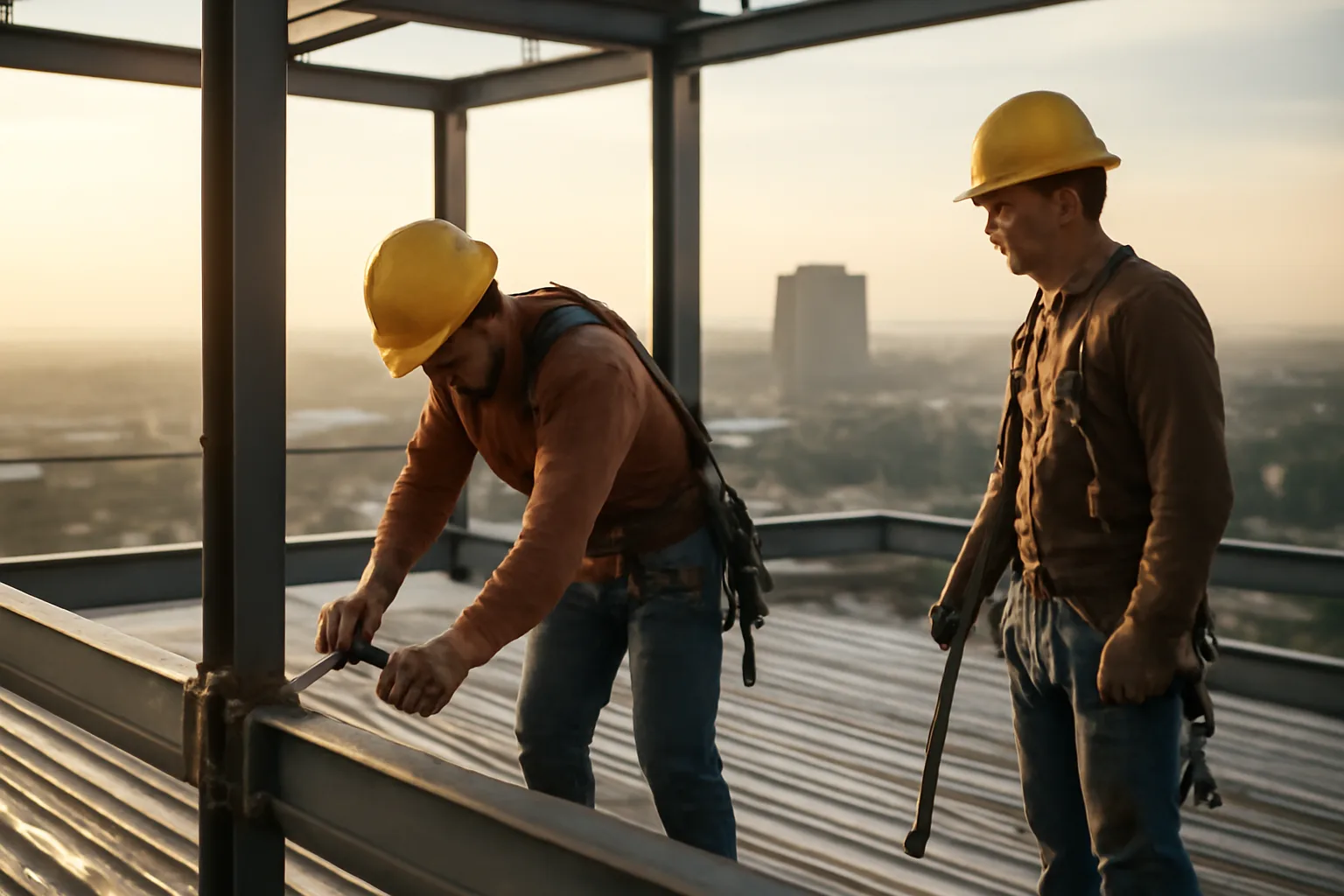Ironworkers connecting steel on a Tampa mid-rise at sunrise