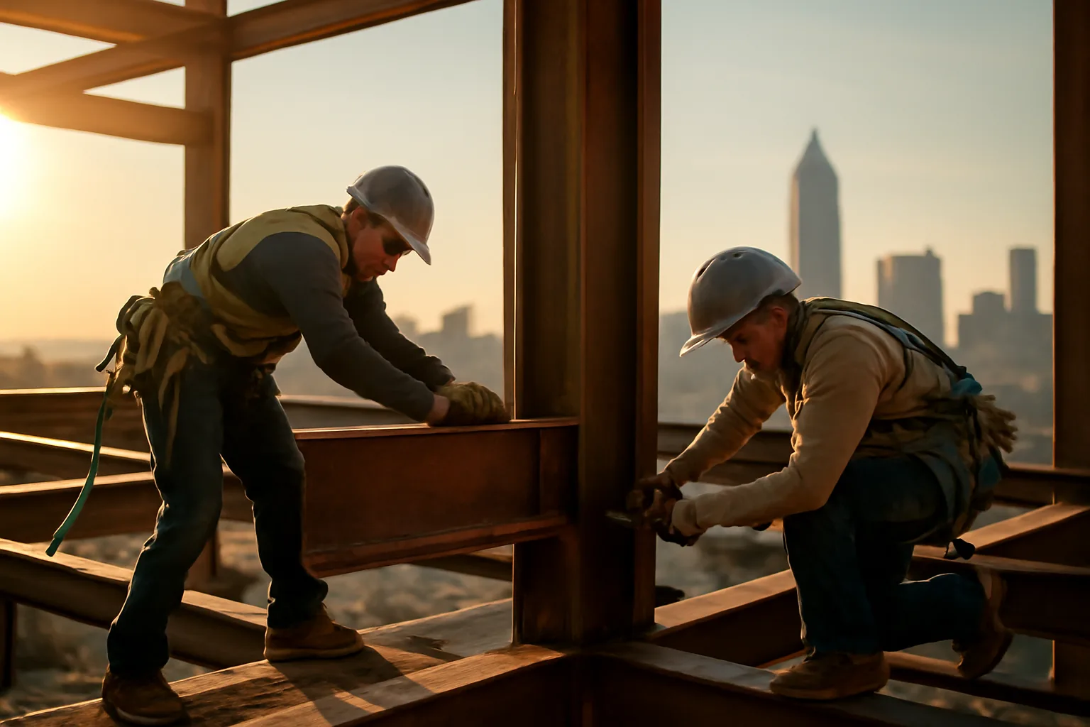 Ironworkers connecting a steel beam on a Georgia jobsite at sunrise