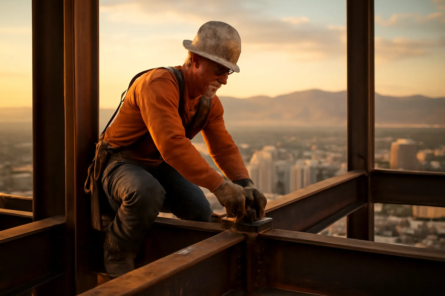 Ironworker connecting structural steel beams on a Utah construction site at dusk