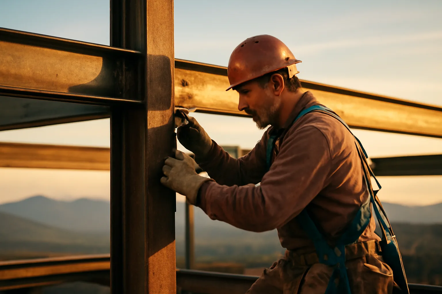 Ironworker connecting structural steel beams on a Vermont job site at golden hour