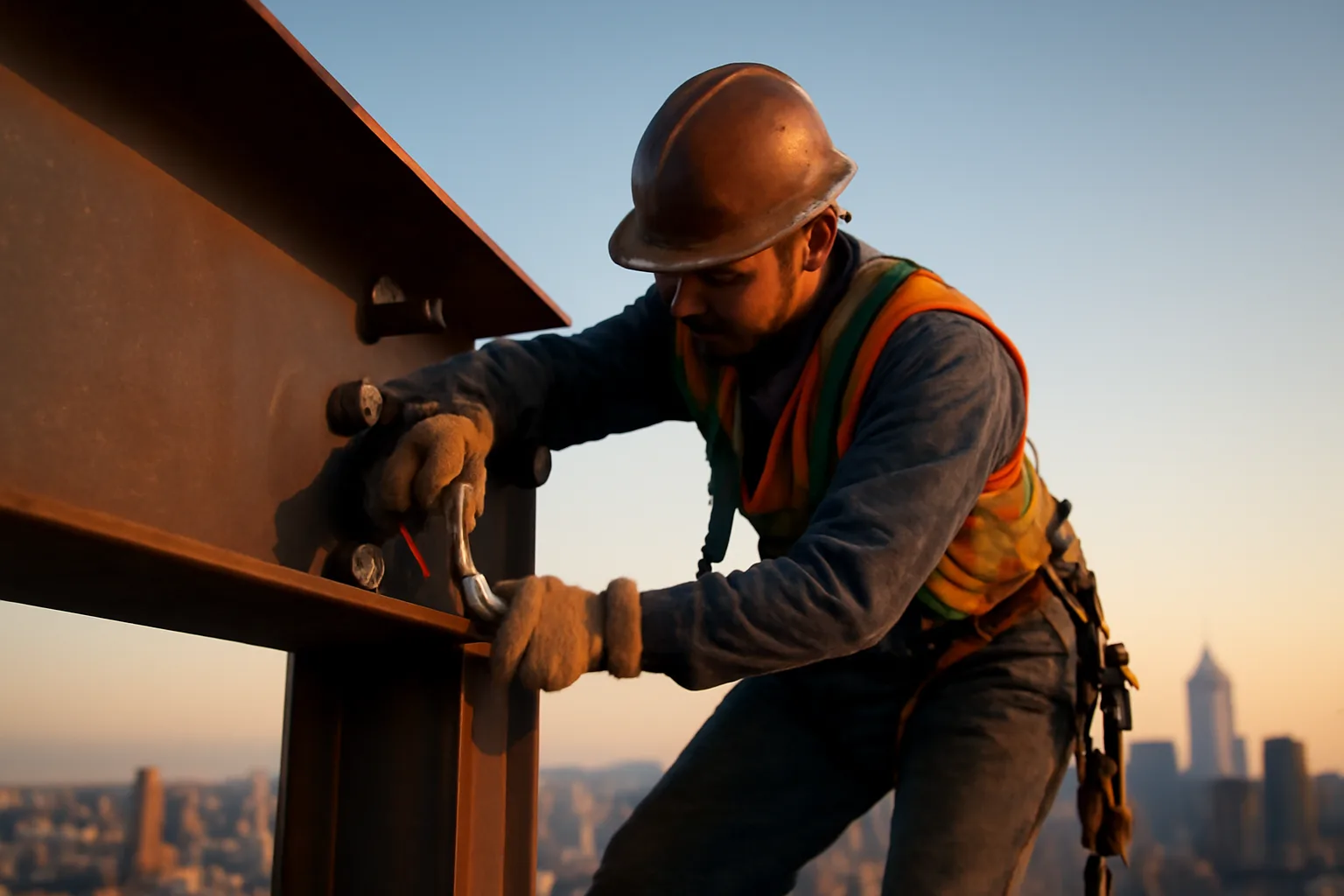 Ironworker in safety harness bolting steel beam on a high-rise construction site
