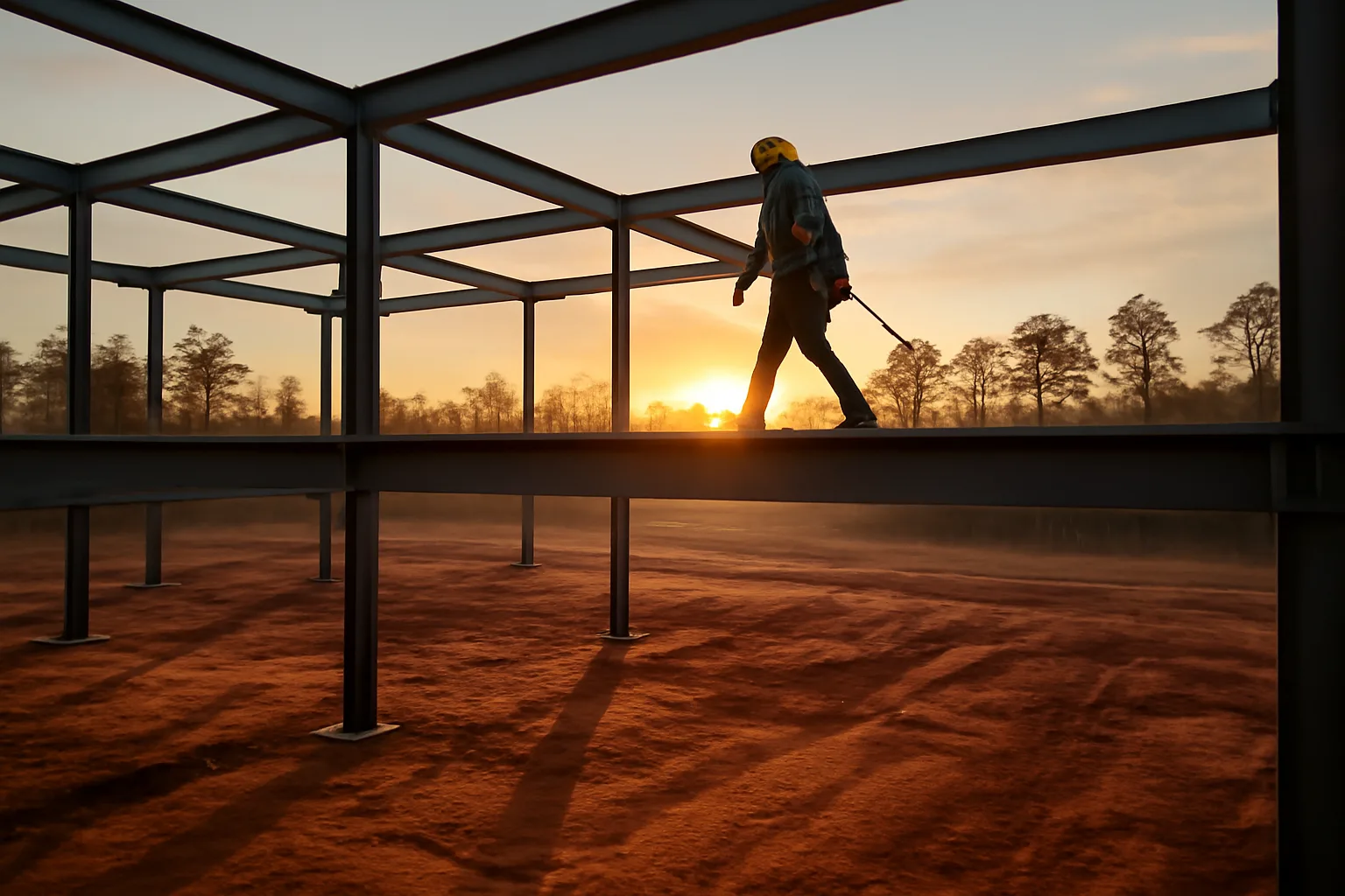 Ironworker walking a steel beam at sunrise on an Alabama jobsite