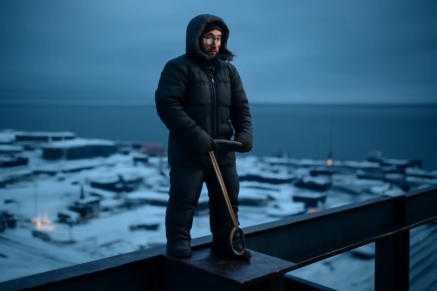 Ironworker checks a connection on a winter Alaska steel deck